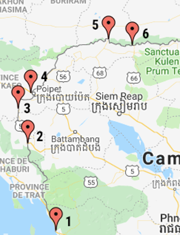 Carte des postes de frontière entre le Cambodge et la Thaïlande. ©Theo-courant